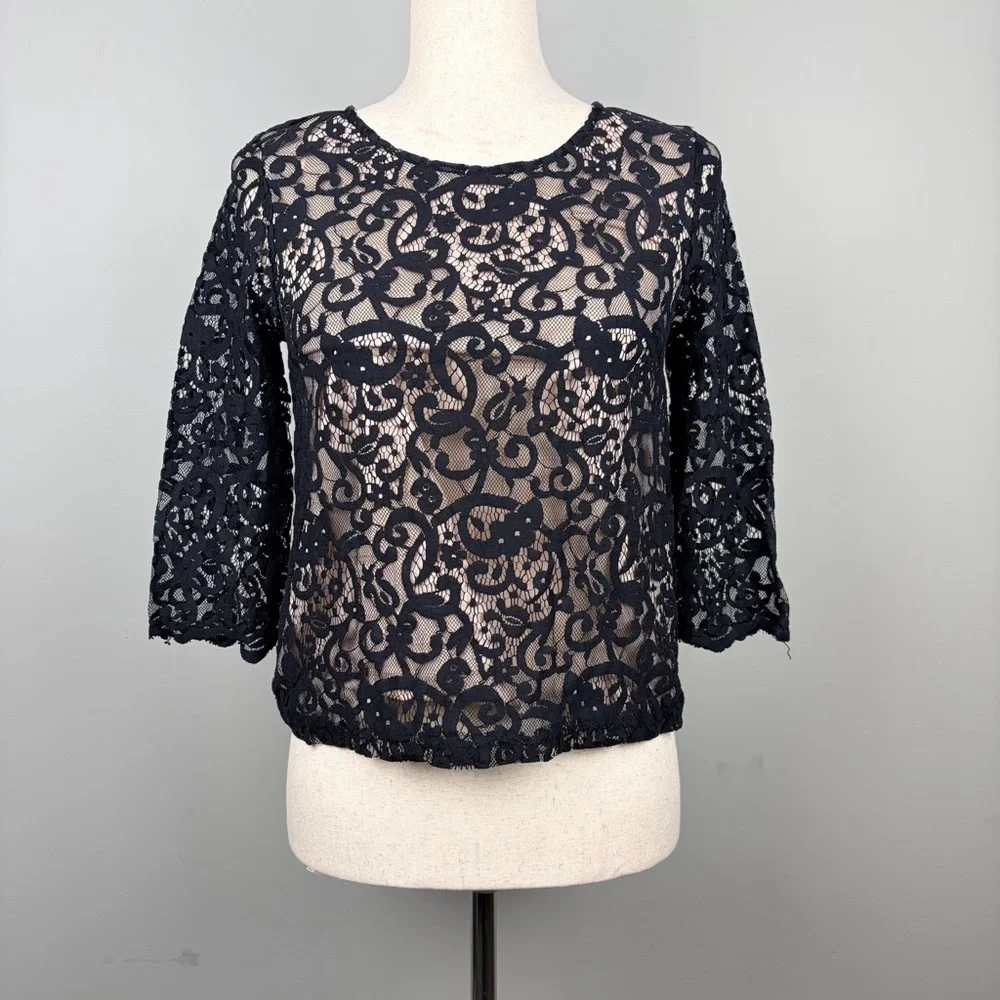H&M Black Lace Sheer‎ Blouse 3/4 Sleeve Button Back XS